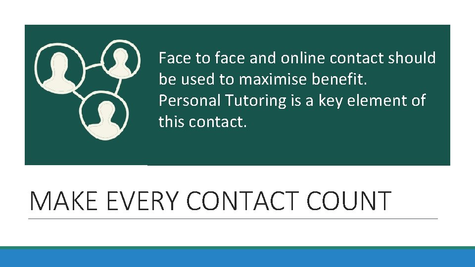 Face to face and online contact should be used to maximise benefit. Personal Tutoring