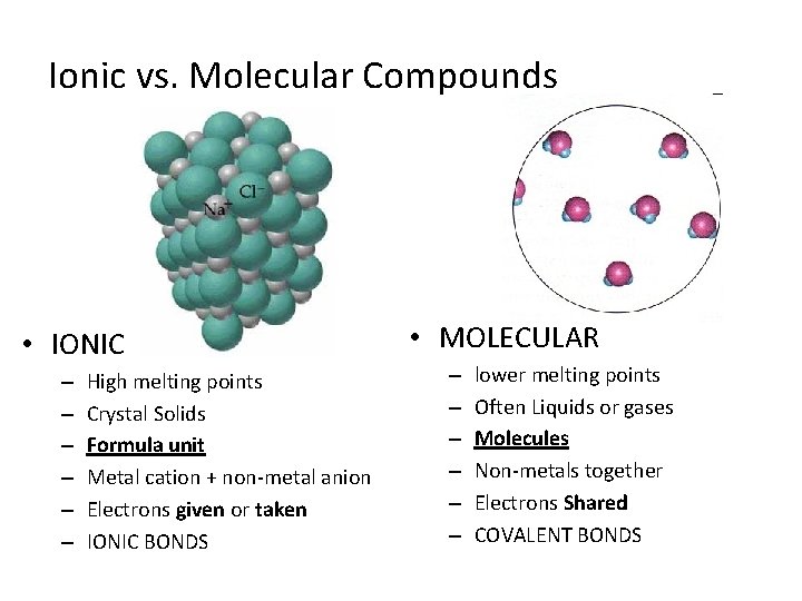 Ionic vs. Molecular Compounds • IONIC – – – High melting points Crystal Solids