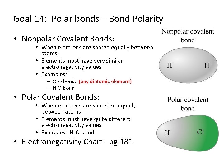 Goal 14: Polar bonds – Bond Polarity • Nonpolar Covalent Bonds: • When electrons