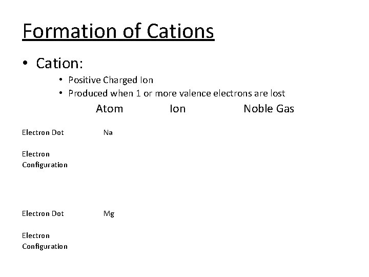Formation of Cations • Cation: • Positive Charged Ion • Produced when 1 or