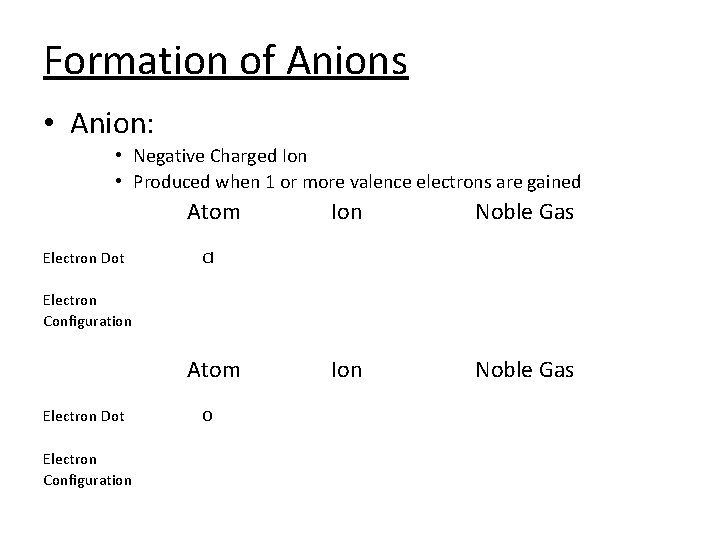 Formation of Anions • Anion: • Negative Charged Ion • Produced when 1 or