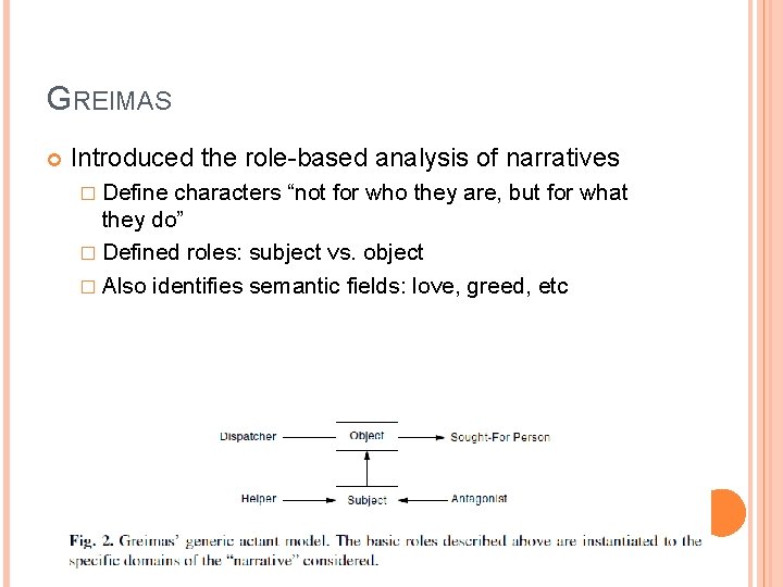 GREIMAS Introduced the role-based analysis of narratives � Define characters “not for who they