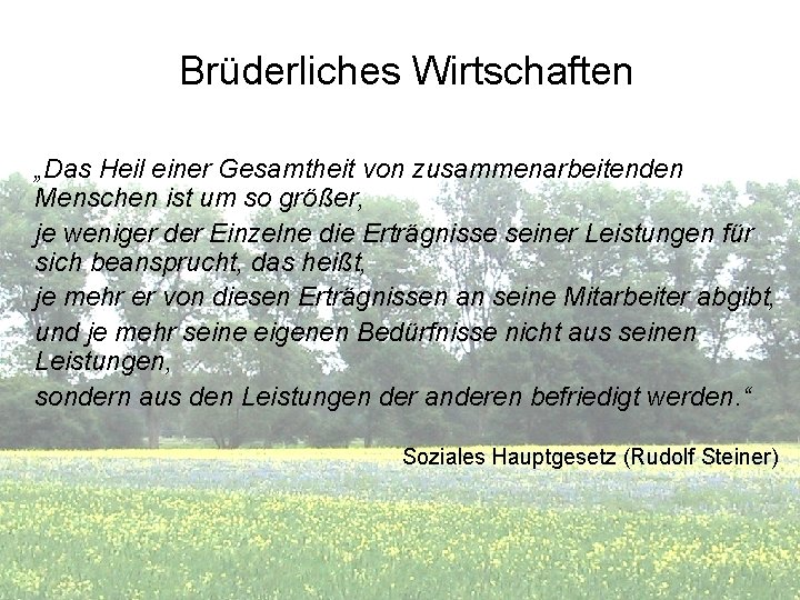 Brüderliches Wirtschaften „Das Heil einer Gesamtheit von zusammenarbeitenden Menschen ist um so größer, je