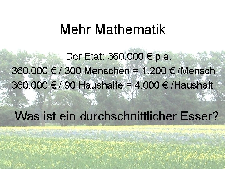 Mehr Mathematik Der Etat: 360. 000 € p. a. 360. 000 € / 300