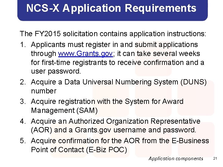 NCS-X Application Requirements The FY 2015 solicitation contains application instructions: 1. Applicants must register
