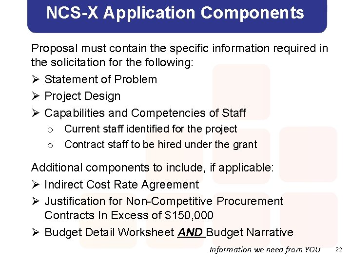 NCS-X Application Components Proposal must contain the specific information required in the solicitation for