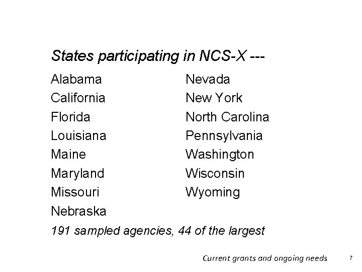 Status of IBR in the States participating in NCS-X --Alabama California Florida Louisiana Maine