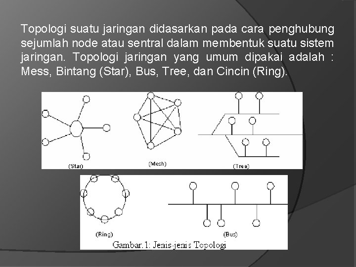 Topologi suatu jaringan didasarkan pada cara penghubung sejumlah node atau sentral dalam membentuk suatu