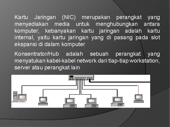 Kartu Jaringan (NIC) merupakan perangkat yang menyediakan media untuk menghubungkan antara komputer, kebanyakan kartu