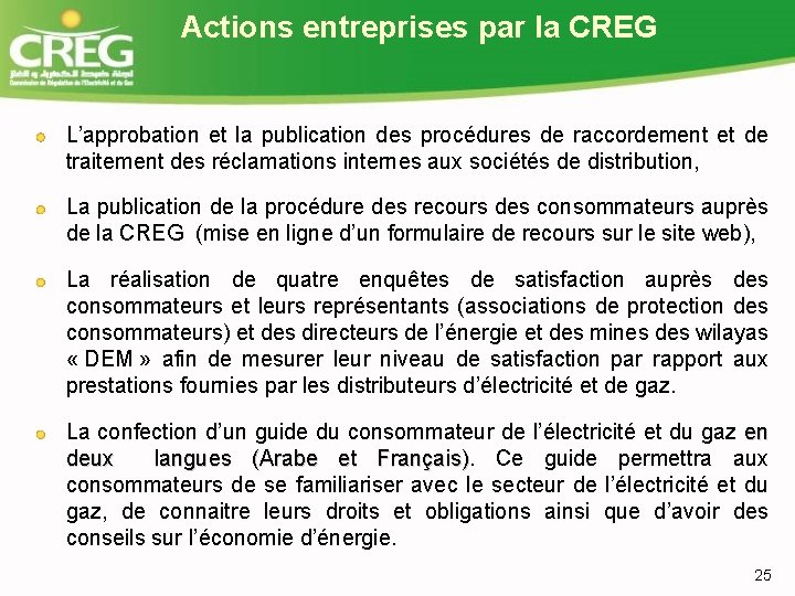 Actions entreprises par la CREG L’approbation et la publication des procédures de raccordement et