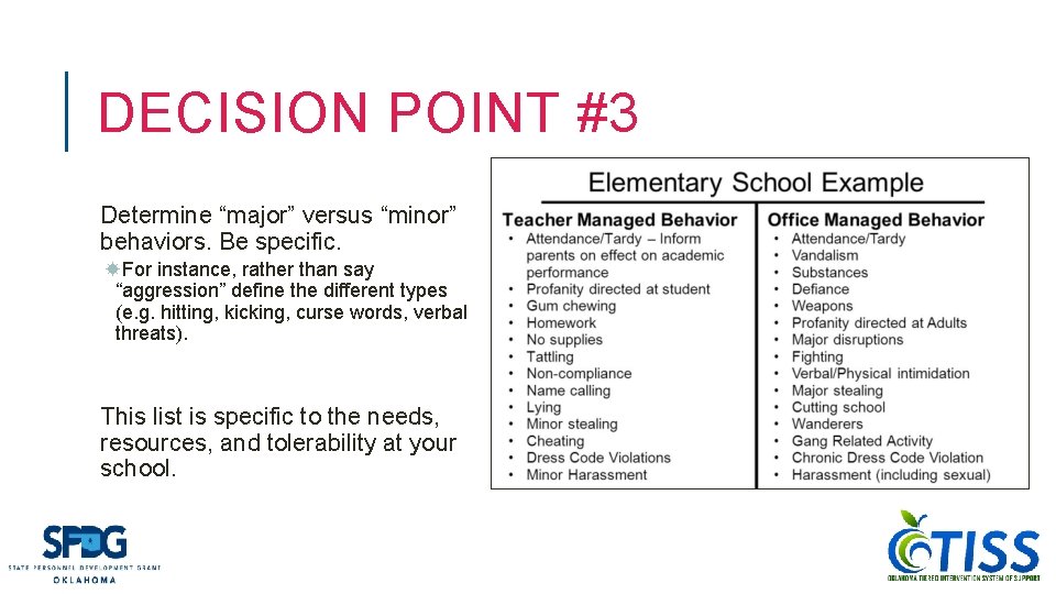 DECISION POINT #3 Determine “major” versus “minor” behaviors. Be specific. For instance, rather than