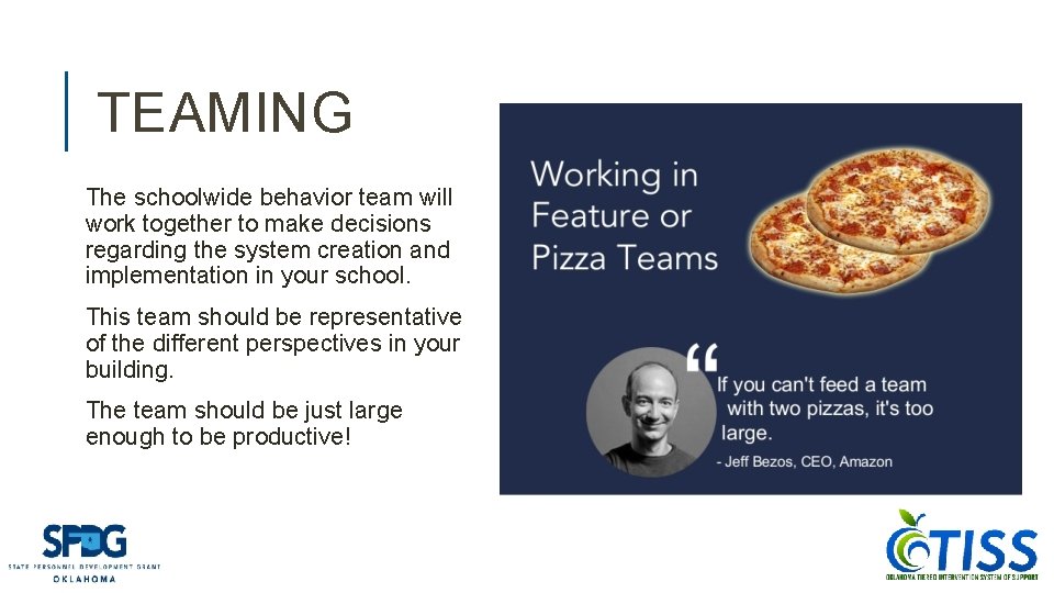 TEAMING The schoolwide behavior team will work together to make decisions regarding the system