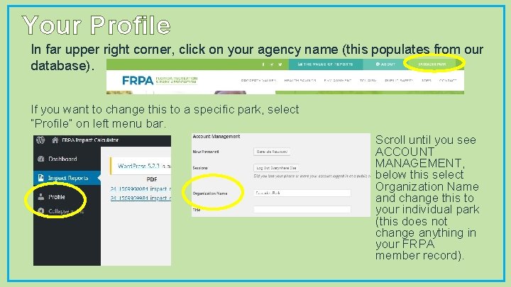 Your Profile In far upper right corner, click on your agency name (this populates