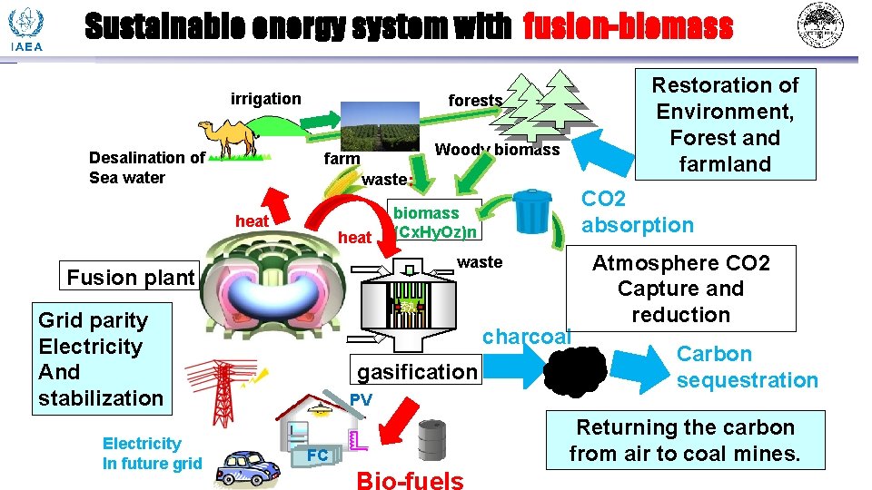 Sustainable energy system with fusion-biomass irrigation Desalination of Sea water forests Woody biomass farm
