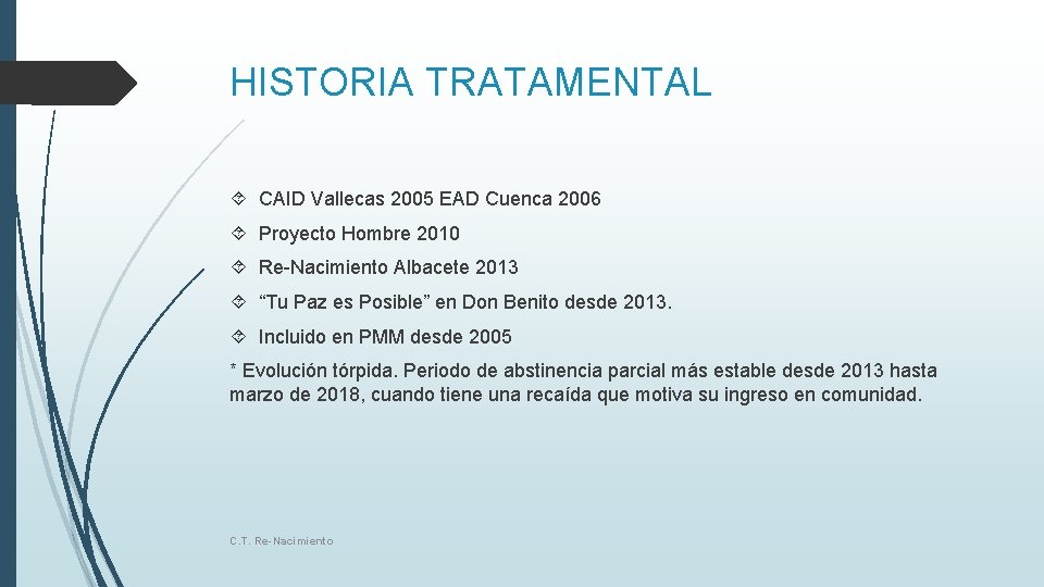 HISTORIA TRATAMENTAL CAID Vallecas 2005 EAD Cuenca 2006 Proyecto Hombre 2010 Re-Nacimiento Albacete 2013