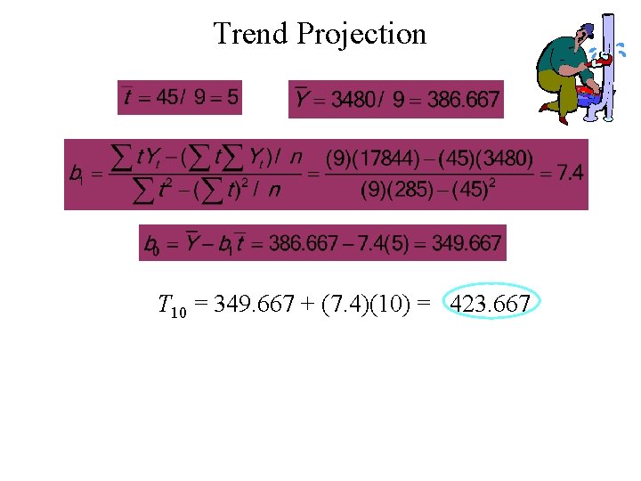 Trend Projection T 10 = 349. 667 + (7. 4)(10) = 423. 667 Trend Projection T 10 = 349. 667 + (7. 4)(10) = 423. 667