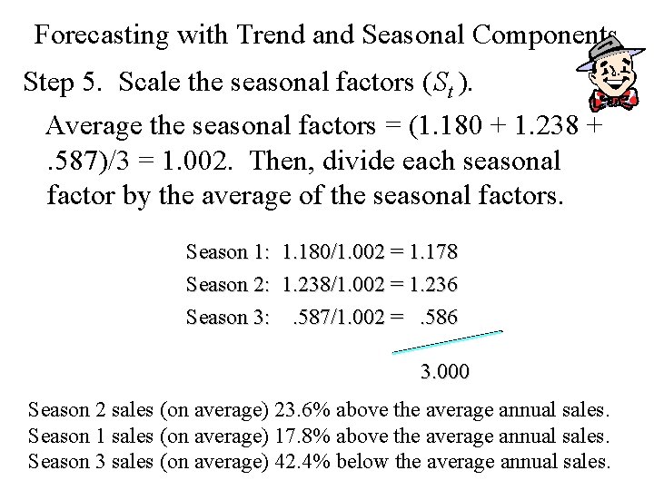 Forecasting with Trend and Seasonal Components Step 5. Scale the seasonal factors (St ). Forecasting with Trend and Seasonal Components Step 5. Scale the seasonal factors (St ).