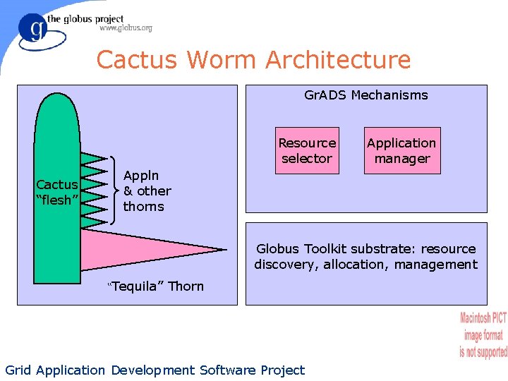 Cactus Worm Architecture Gr. ADS Mechanisms Resource selector Cactus “flesh” Application manager Appln &