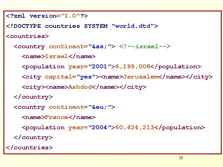 <? xml version="1. 0"? > <!DOCTYPE countries SYSTEM "world. dtd"> <countries> <country continent="&as; ">