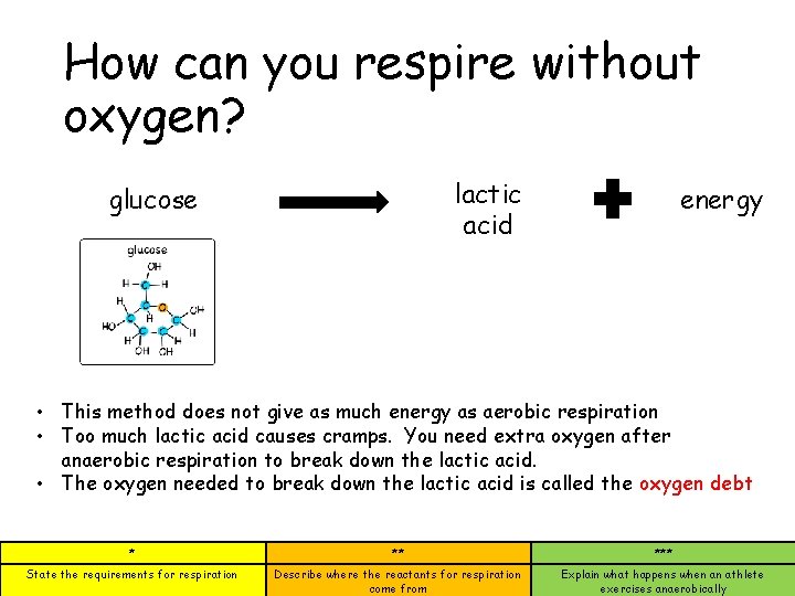 How can you respire without oxygen? lactic acid glucose energy • This method does