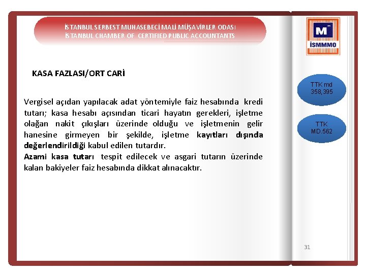 İSTANBUL SERBEST MUHASEBECİ MALİ MÜŞAVİRLER ODASI İSTANBUL CHAMBER OF CERTIFIED PUBLIC ACCOUNTANTS KASA FAZLASI/ORT