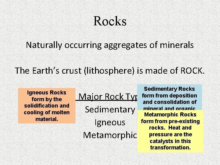 Rocks Naturally occurring aggregates of minerals The Earth’s crust (lithosphere) is made of ROCK.