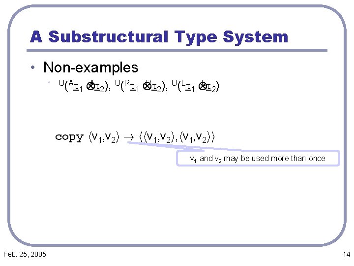 A Substructural Type System • Non-examples • • U (A t 1 At 2),