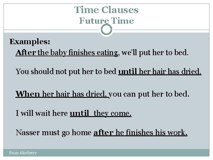 Time Clauses Future Time Examples: After the baby finishes eating, we’ll put her to