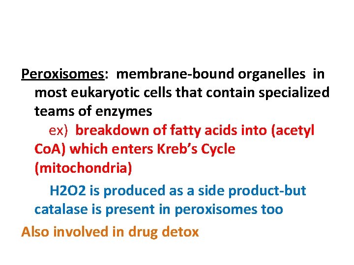 Peroxisomes: membrane-bound organelles in most eukaryotic cells that contain specialized teams of enzymes ex)