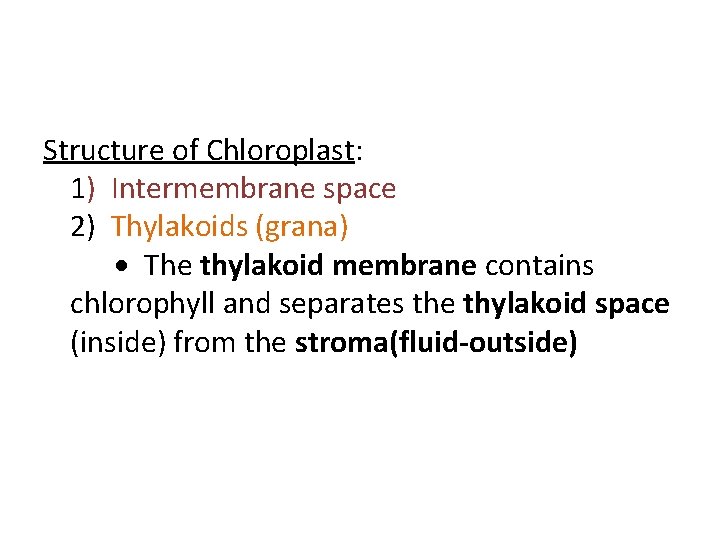 Structure of Chloroplast: 1) Intermembrane space 2) Thylakoids (grana) The thylakoid membrane contains chlorophyll