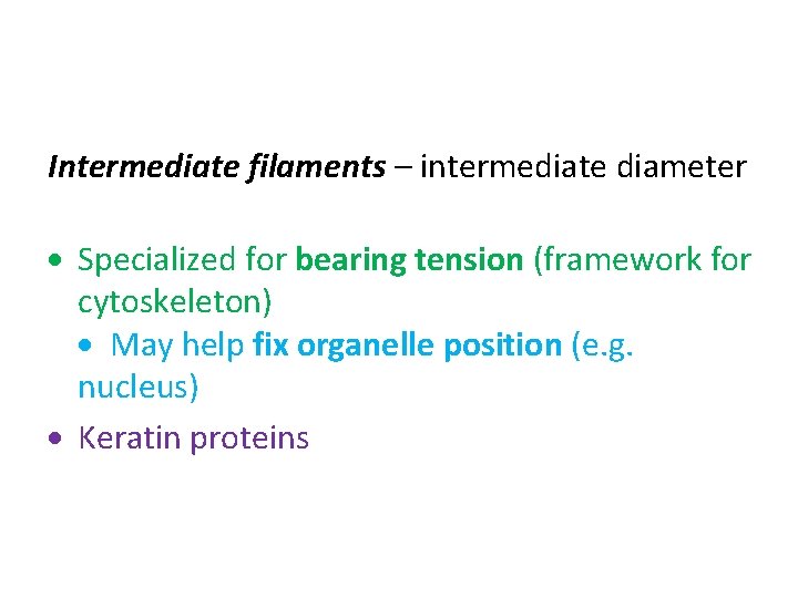 Intermediate filaments – intermediate diameter Specialized for bearing tension (framework for cytoskeleton) May help
