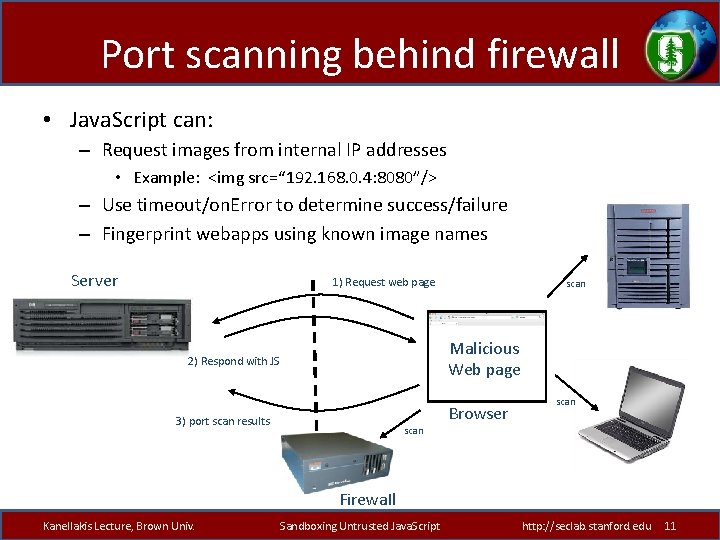 Port scanning behind firewall • Java. Script can: – Request images from internal IP