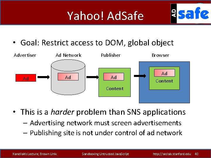 Yahoo! Ad. Safe • Goal: Restrict access to DOM, global object Advertiser Ad Network