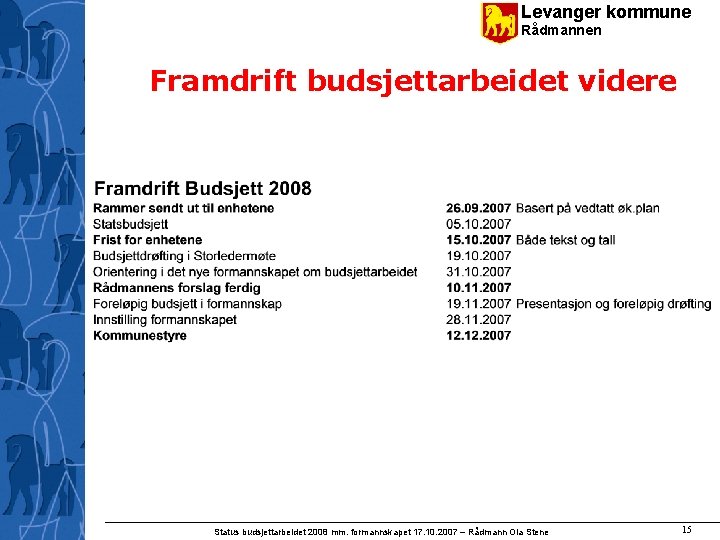 Levanger kommune Rådmannen Framdrift budsjettarbeidet videre Status budsjettarbeidet 2008 mm. formannskapet 17. 10. 2007