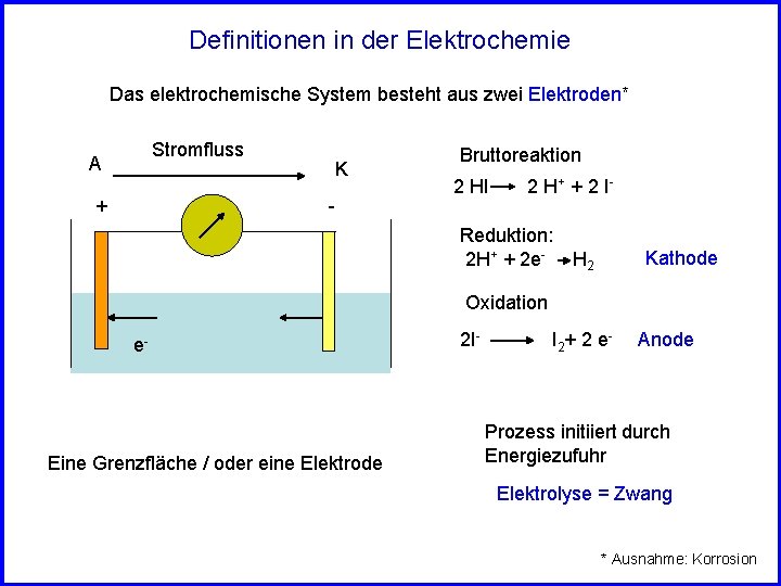 Definitionen in der Elektrochemie Das elektrochemische System besteht aus zwei Elektroden* Stromfluss A +