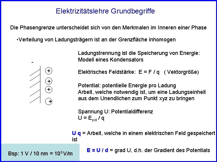 Elektrizitätslehre Grundbegriffe Die Phasengrenze unterscheidet sich von den Merkmalen im Inneren einer Phase •