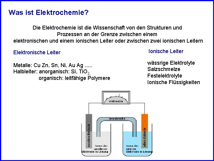 Was ist Elektrochemie? Die Elektrochemie ist die Wissenschaft von den Strukturen und Prozessen an