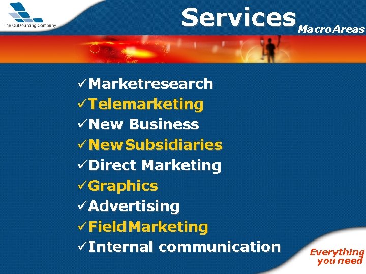 Services Macro. Areas üMarketresearch üTelemarketing üNew Business üNew Subsidiaries üDirect Marketing üGraphics üAdvertising üField
