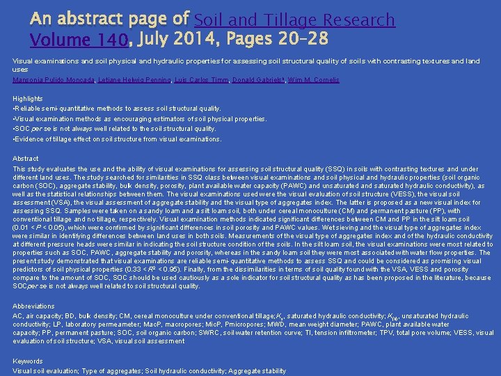 An abstract page of Soil and Tillage Research Volume 140 Visual examinations and soil