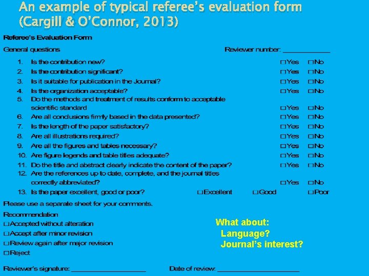 An example of typical referee’s evaluation form (Cargill & O’Connor, 2013) What about: Language?