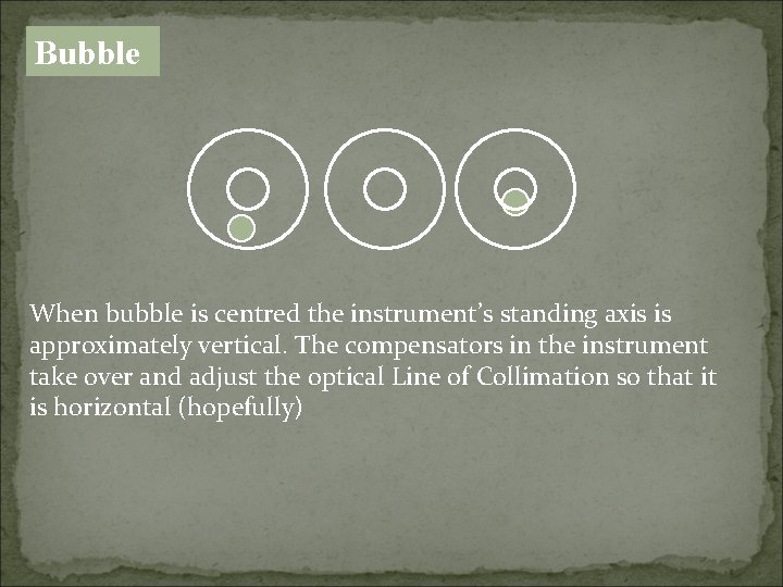 Bubble When bubble is centred the instrument’s standing axis is approximately vertical. The compensators Bubble When bubble is centred the instrument’s standing axis is approximately vertical. The compensators