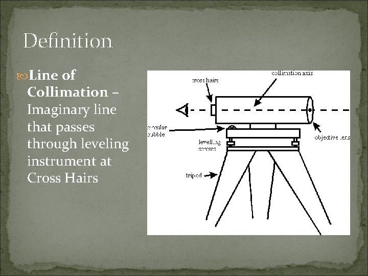 Definition Line of Collimation – Imaginary line that passes through leveling instrument at Cross Definition Line of Collimation – Imaginary line that passes through leveling instrument at Cross