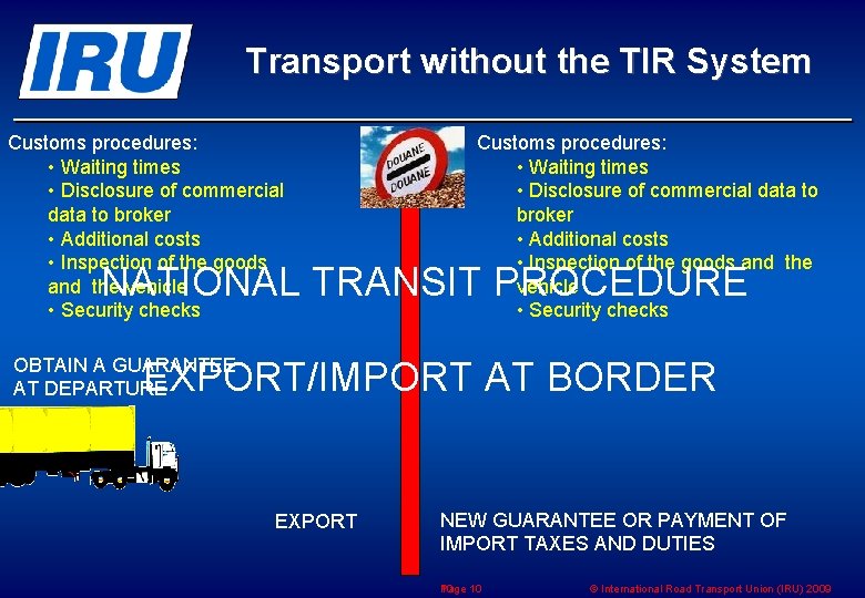 Transport without the TIR System Customs procedures: • Waiting times • Disclosure of commercial