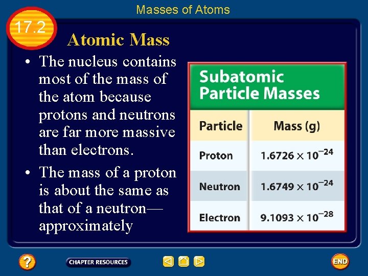 Masses of Atoms 17. 2 Atomic Mass • The nucleus contains most of the