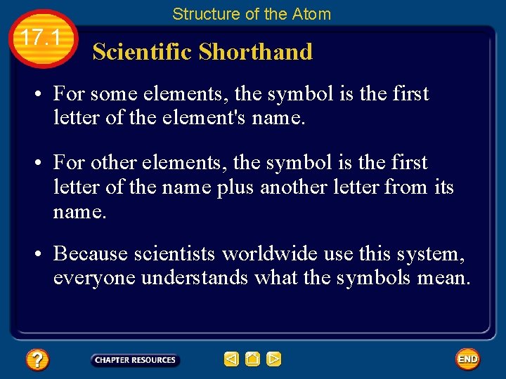 Structure of the Atom 17. 1 Scientific Shorthand • For some elements, the symbol