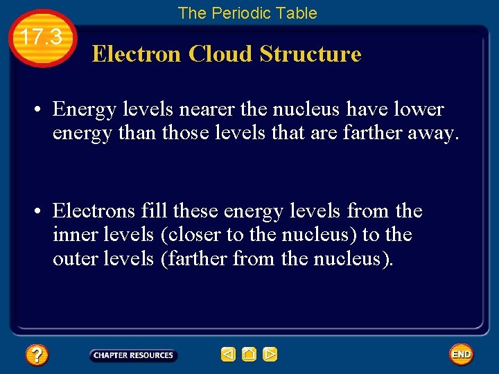 The Periodic Table 17. 3 Electron Cloud Structure • Energy levels nearer the nucleus
