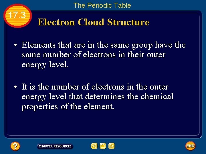 The Periodic Table 17. 3 Electron Cloud Structure • Elements that are in the