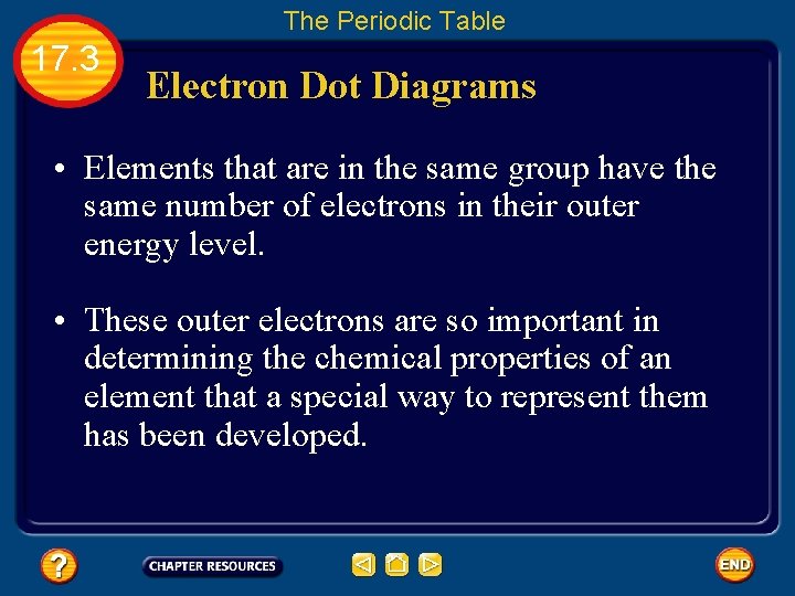 The Periodic Table 17. 3 Electron Dot Diagrams • Elements that are in the