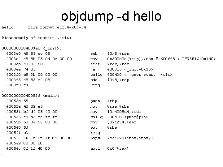 objdump -d hello: file format elf 64 -x 86 -64 Disassembly of section. init:
