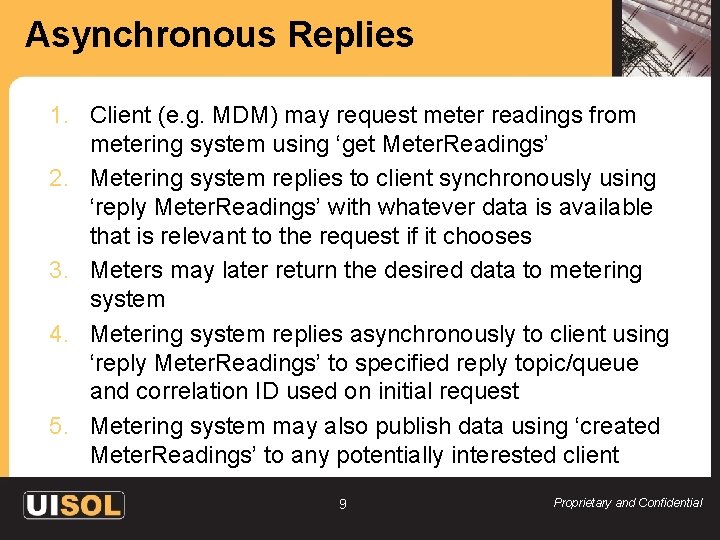 Asynchronous Replies 1. Client (e. g. MDM) may request meter readings from metering system